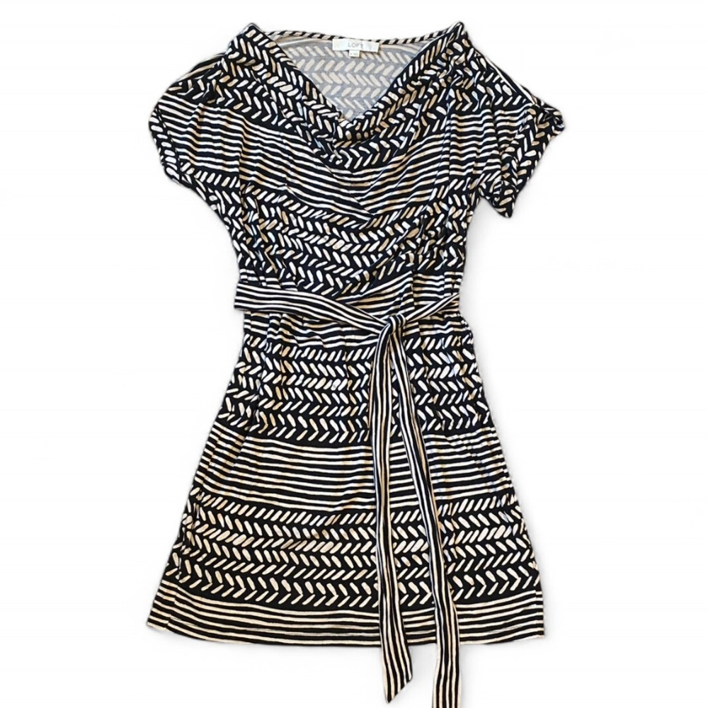 🏺LOFT black & beige cowl neck tie waist sheath dress